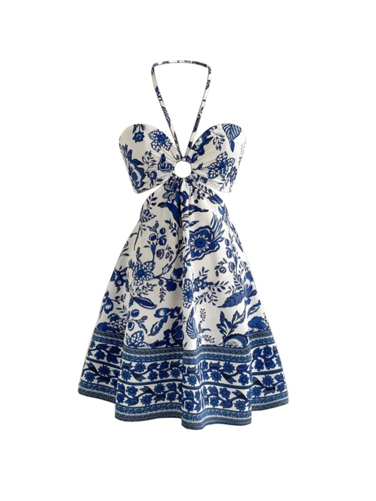 Blue Garden Dress – Short Printed Dress with Central Ring Detail