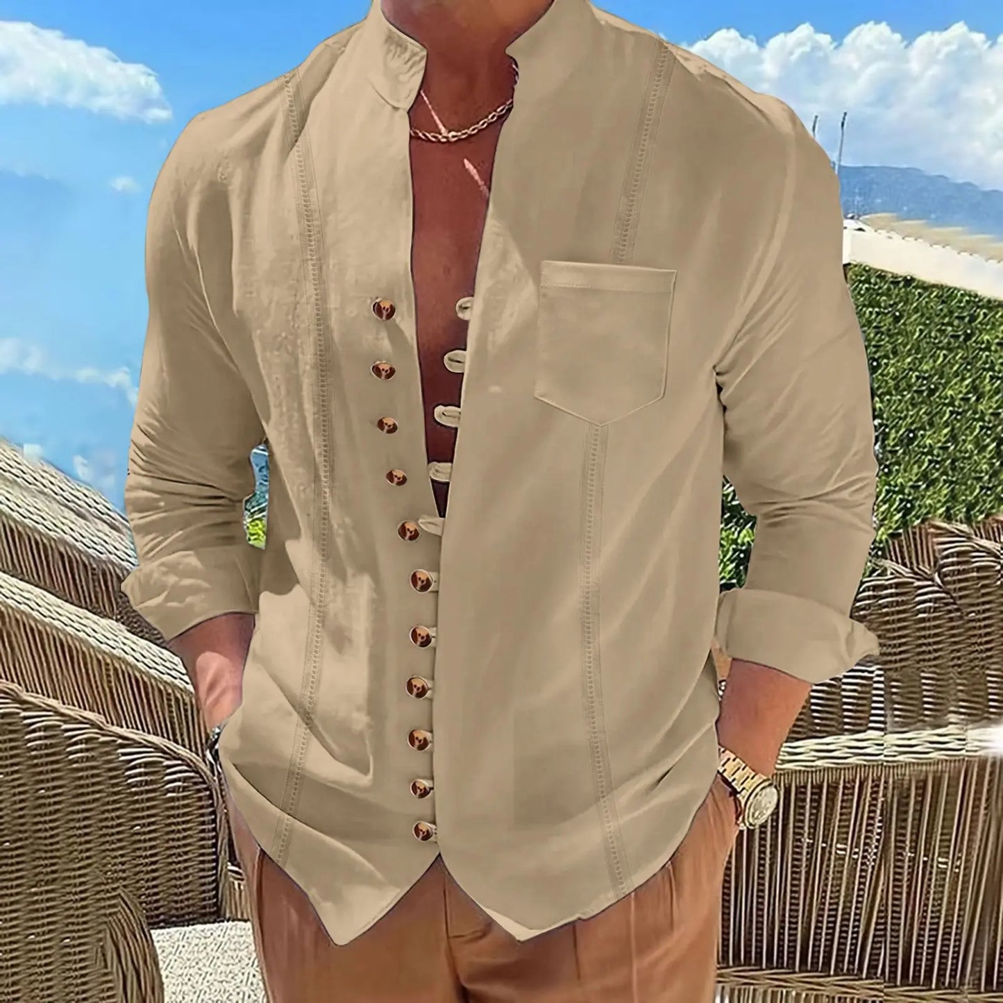 White Riviera Shirt – Men's Summer Shirt with Mandarin Collar