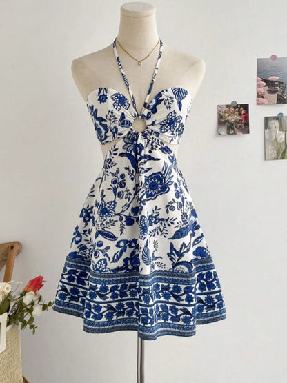 Blue Garden Dress – Short Printed Dress with Central Ring Detail