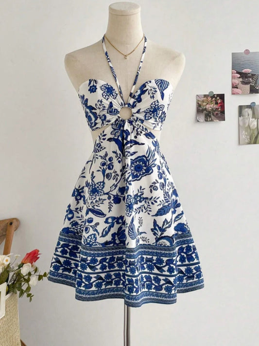 Blue Garden Dress – Short Printed Dress with Central Ring Detail