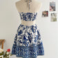 Blue Garden Dress – Short Printed Dress with Central Ring Detail