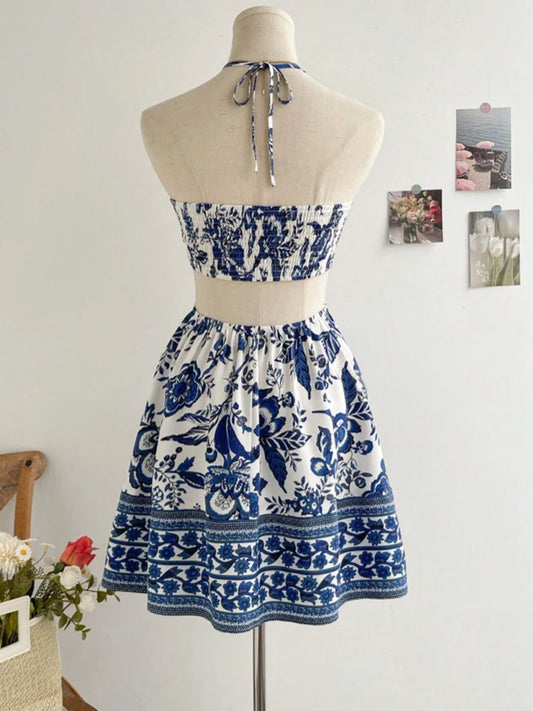 Blue Garden Dress – Short Printed Dress with Central Ring Detail