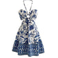 Blue Garden Dress – Short Printed Dress with Central Ring Detail