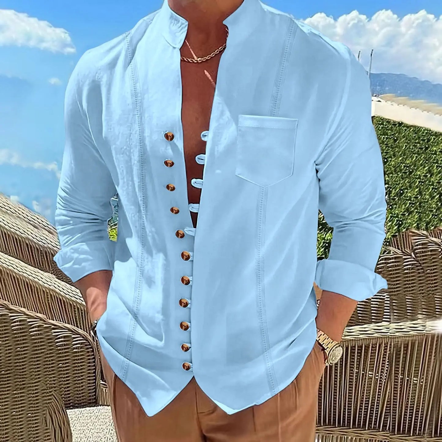 White Riviera Shirt – Men's Summer Shirt with Mandarin Collar
