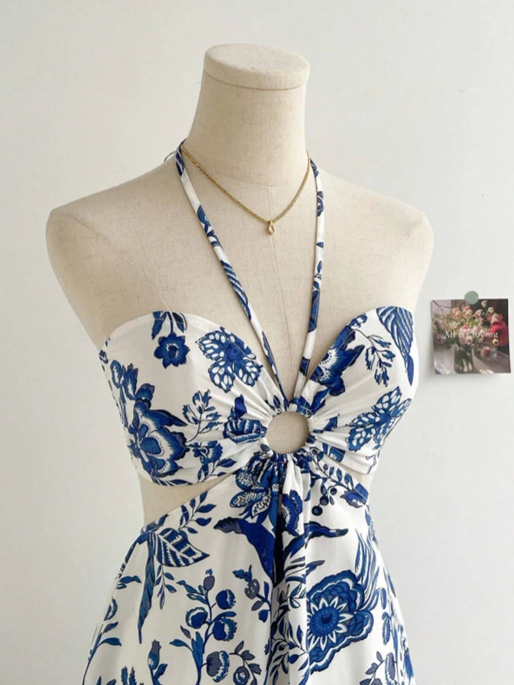 Blue Garden Dress – Short Printed Dress with Central Ring Detail