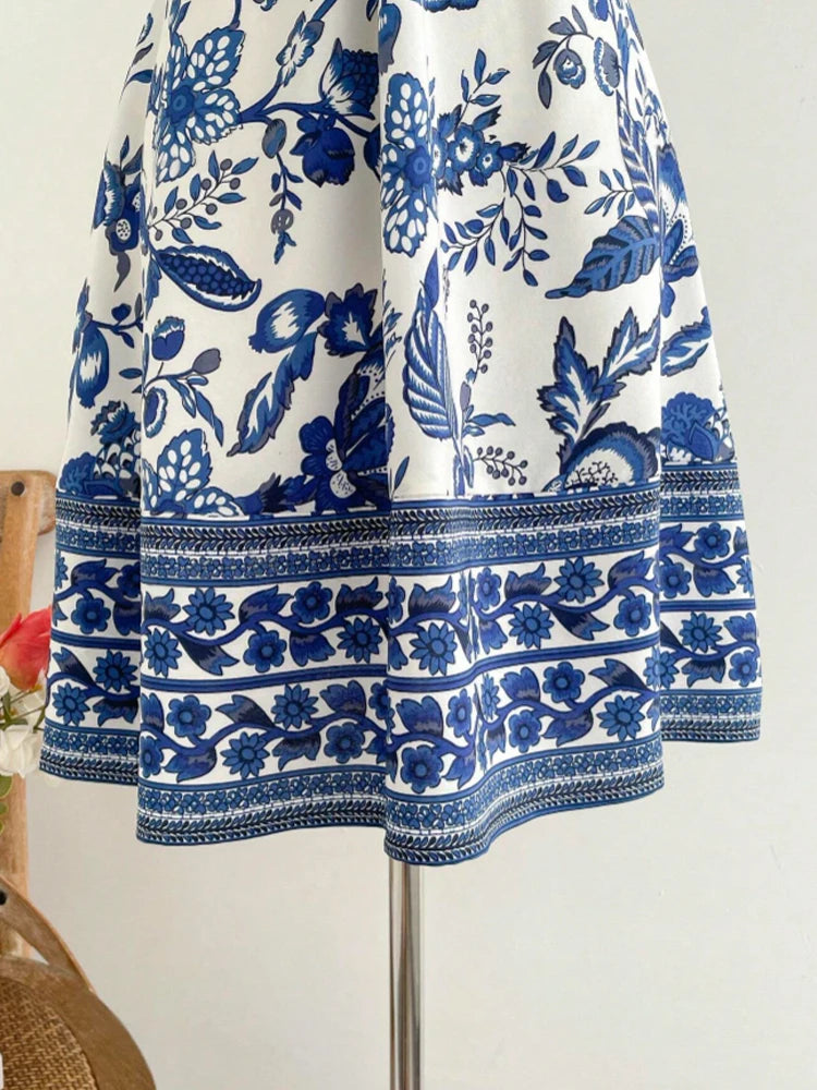 Blue Garden Dress – Short Printed Dress with Central Ring Detail